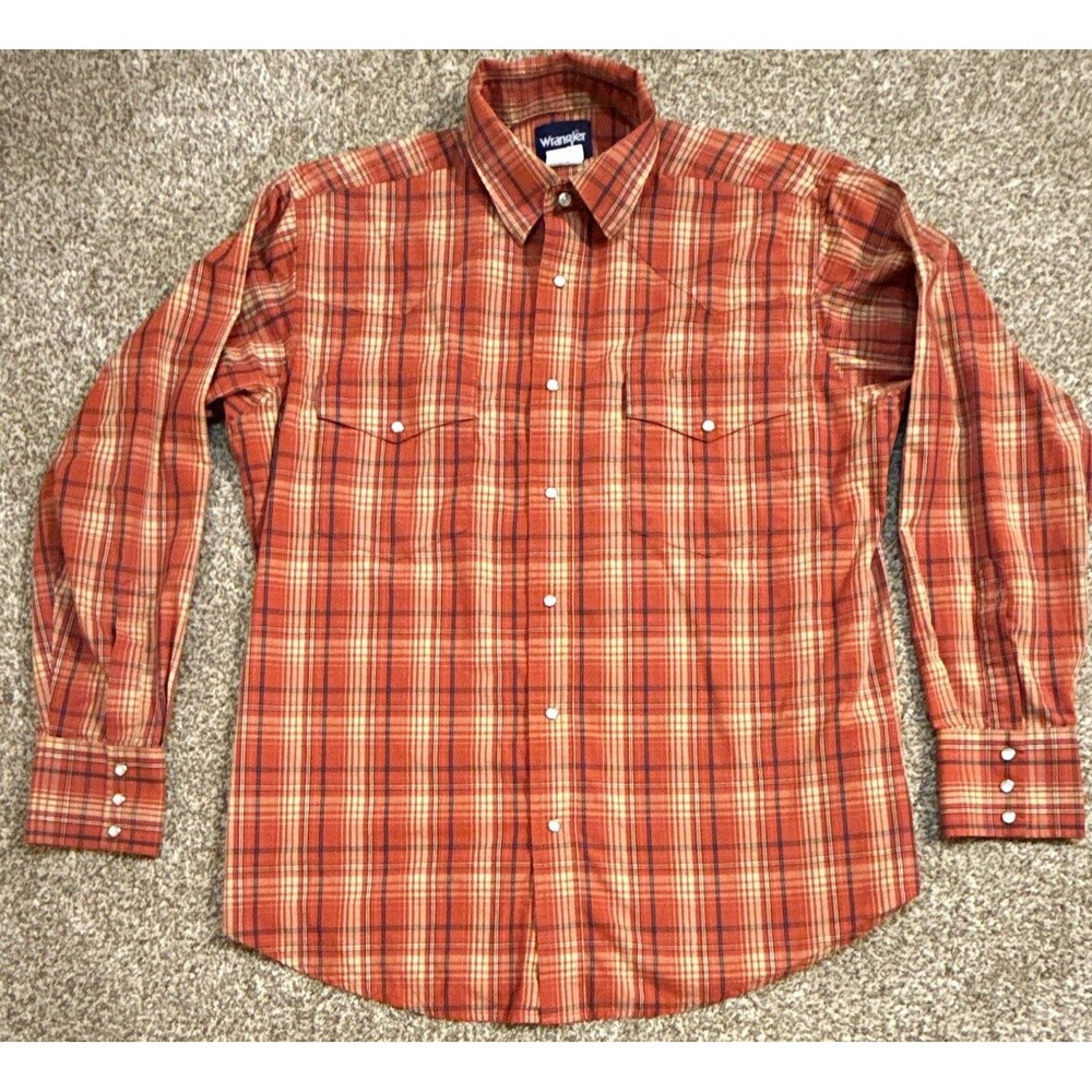 Wrangler Men’s L Orange Plaid Long Sleeve Woven Cotton Snap Up Shirt Pockets